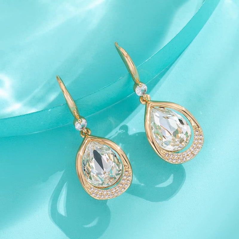 EVEVIC Austrian Crystal Halo Teardrop Hollow Drop Dangle Earrings for Women 14K Rose Gold Plated Hypoallergenic Jewelry (Clear White) - Image 5