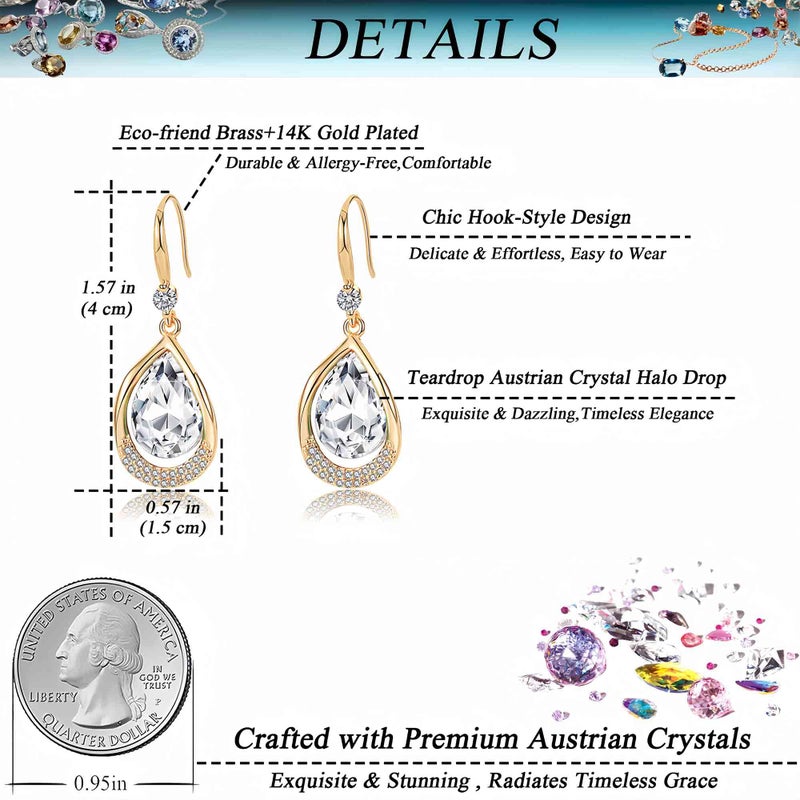 EVEVIC Austrian Crystal Halo Teardrop Hollow Drop Dangle Earrings for Women 14K Rose Gold Plated Hypoallergenic Jewelry (Clear White) - Image 4
