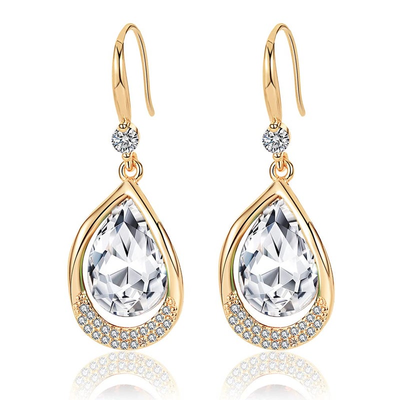 EVEVIC Austrian Crystal Halo Teardrop Hollow Drop Dangle Earrings for Women 14K Rose Gold Plated Hypoallergenic Jewelry (Clear White) - Image 1