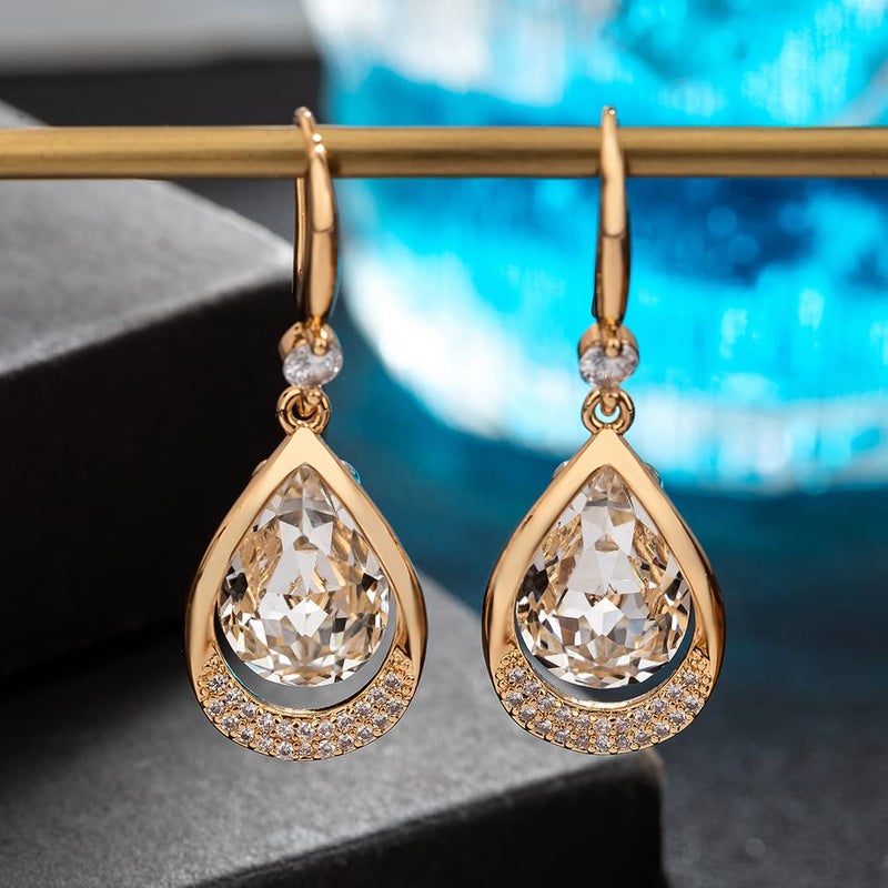 EVEVIC Austrian Crystal Halo Teardrop Hollow Drop Dangle Earrings for Women 14K Rose Gold Plated Hypoallergenic Jewelry (Clear White) - Image 3