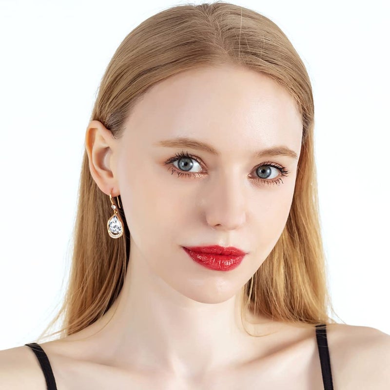 EVEVIC Austrian Crystal Halo Teardrop Hollow Drop Dangle Earrings for Women 14K Rose Gold Plated Hypoallergenic Jewelry (Clear White) - Image 2