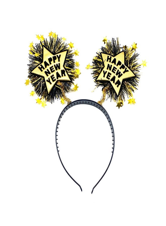 Dzrige Happy New Year Headband with Star Boppers & Gold Tinsel, Glitter New Years Head Boppers Headband for New Year Carnival Party Props Decoration - Image 1