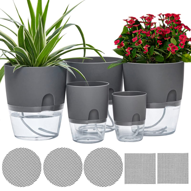 ETGLCOZY 64132 Inch Self Watering Planter Pots 5 Pack African Violet Pots for Indoor Outdoor Windowsill Gardens Self Aerating High Drainage Deep ReservoirGray