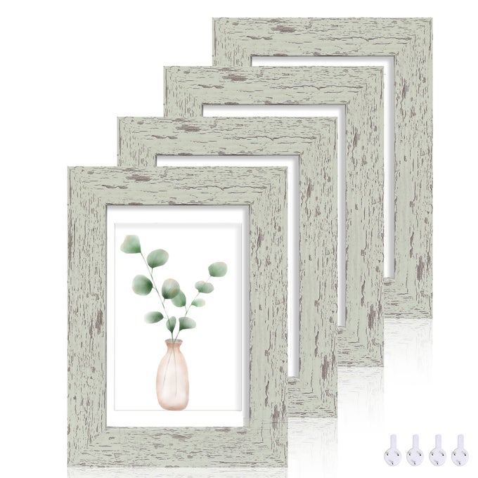 5X7 PICTURE FRAME SET OF 4 MADE OF REAL GLASS AND SAGE GREEN WOODEN FRAME 5 BY 7 PHOTO FOR WALL OR TABLETOP DISPLAY PICTURE 4X6 WITH MAT OR 5X7 WITHOUT MAT