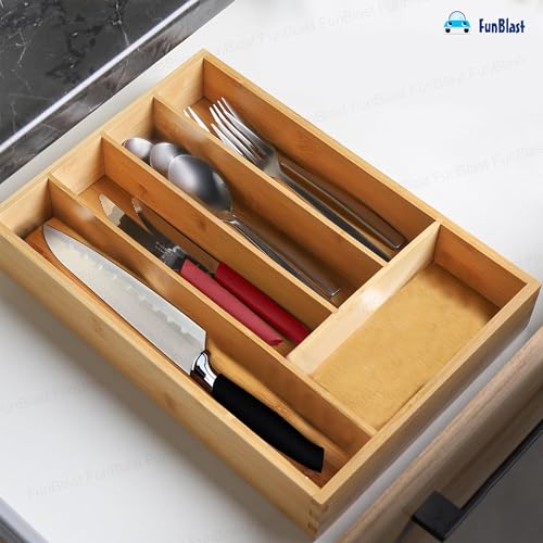 FunBlast Bamboo Cutlery Tray for Kitchen Drawer, 13-inch-Long Tandem Basket Drawer in Modular Kitchen - Image 4
