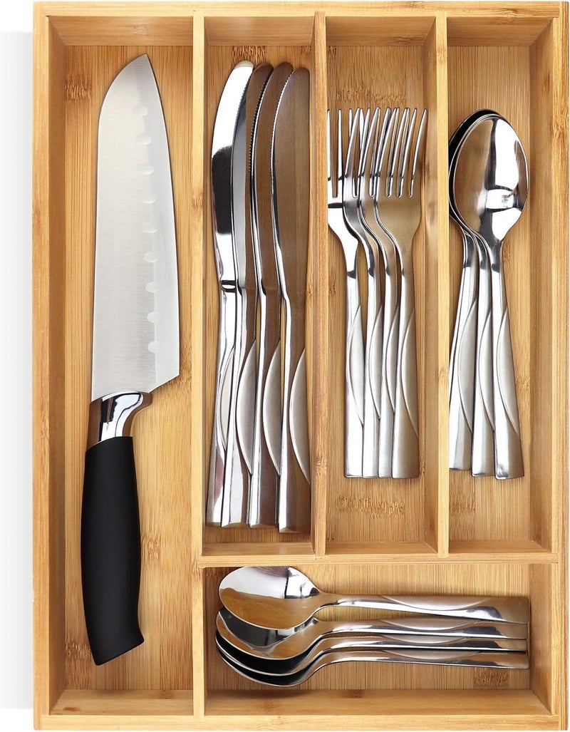 FunBlast Bamboo Cutlery Tray for Kitchen Drawer, 13-inch-Long Tandem Basket Drawer in Modular Kitchen - Image 1
