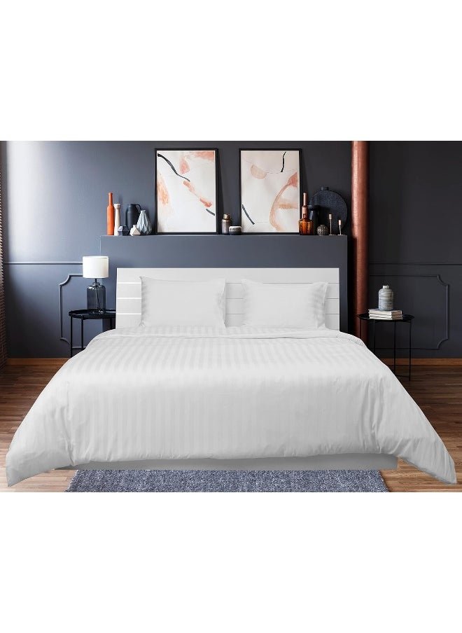 Hotel Linen Klub Hotel Linen Klub Double Duvet Cover Set - 3 Pieces, Luxurious 100% Cotton Sateen with 250 Thread Count, Elegant 1-Inch Stripe Design, Size: 225 x 245 cm + 2 Pillowcases (50 x 75 cm), Classic White  - Image 1