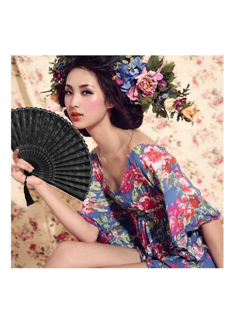 Generic Hand Fan with Frame Silk Fabric Bamboo Ribs Handheld Folding Wall Decoration Wedding Party Lace for Women Girls Gifts  - Image 2