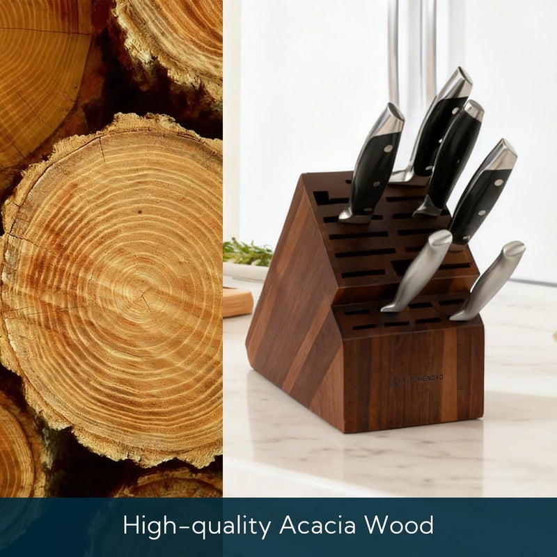 KITCHENDAO 20 Slot Acacia Wood Knife Block without Knives, Universal Knife Holder for Kitchen, Holding Multiple Types of Knives, Countertop Butcher Block Knife Stand for Easy Kitchen Storage - Image 4