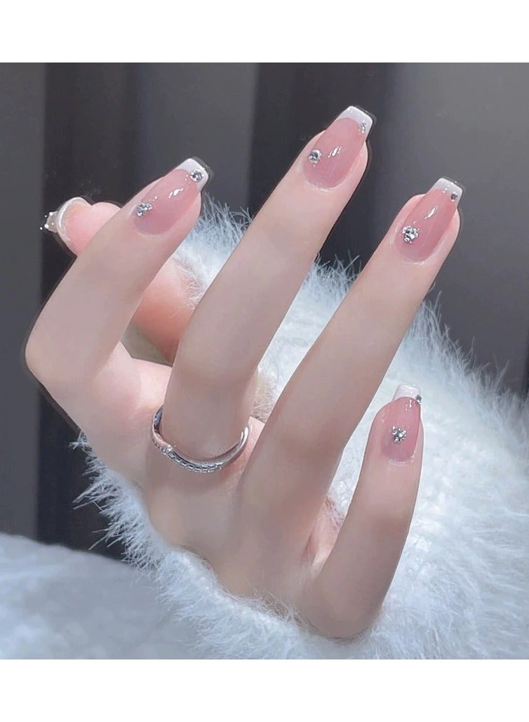 Goolsky Sweet French Style Press-On Nails with Rhinestones – Handmade Wearable Nail Tips Set – Pastel Cute Stick-On False Nails for Women & Girls  - Image 3