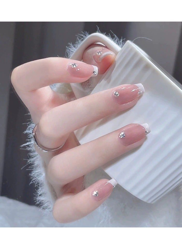 Goolsky Sweet French Style Press-On Nails with Rhinestones – Handmade Wearable Nail Tips Set – Pastel Cute Stick-On False Nails for Women & Girls  - Image 2