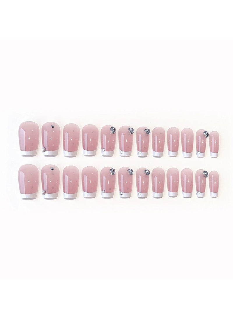 Goolsky Sweet French Style Press-On Nails with Rhinestones – Handmade Wearable Nail Tips Set – Pastel Cute Stick-On False Nails for Women & Girls  - Image 1