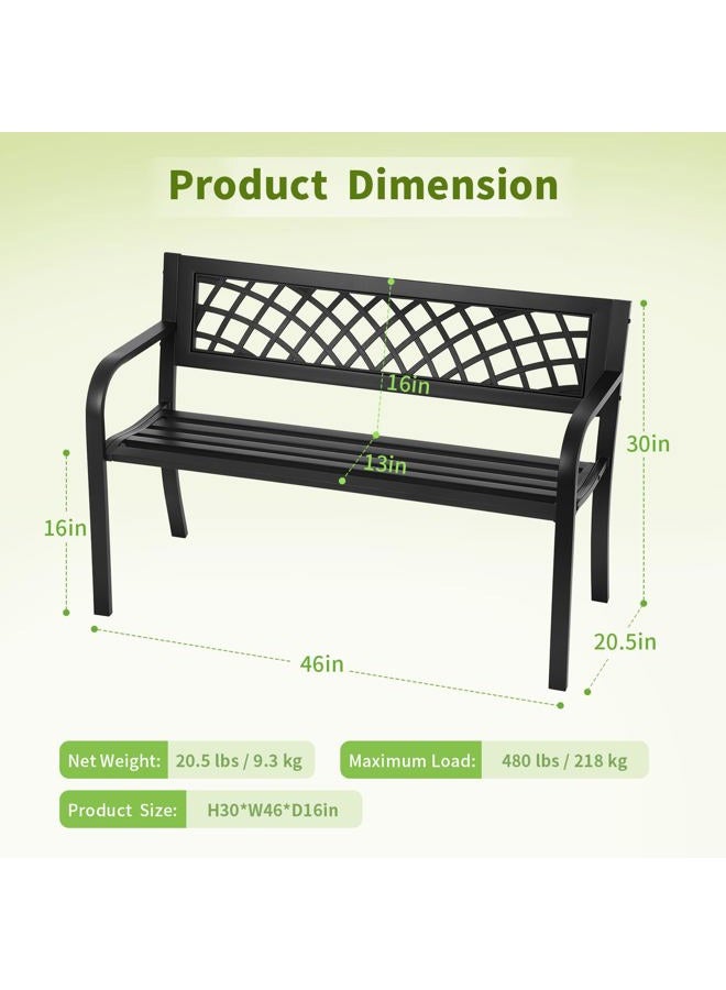 FDW Iron Steel Frame Patio Bench with Mesh Pattern and Plastic Backrest Armrests for Lawn Yard Porch Work Entryway Black - Image 3