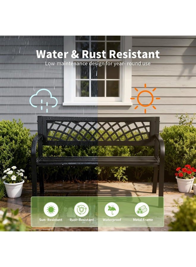 FDW Iron Steel Frame Patio Bench with Mesh Pattern and Plastic Backrest Armrests for Lawn Yard Porch Work Entryway Black - Image 4