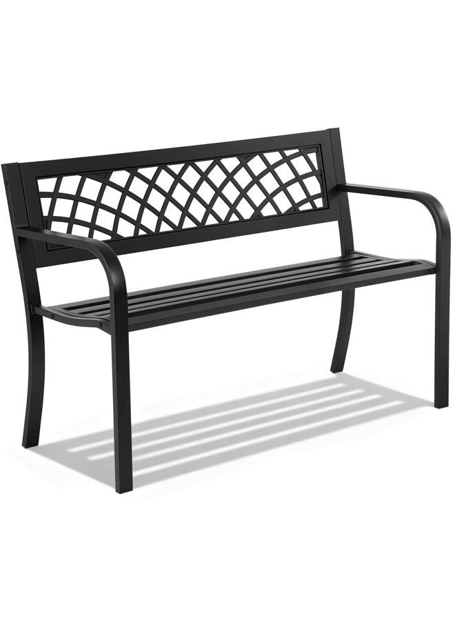 FDW Iron Steel Frame Patio Bench with Mesh Pattern and Plastic Backrest Armrests for Lawn Yard Porch Work Entryway Black - Image 1
