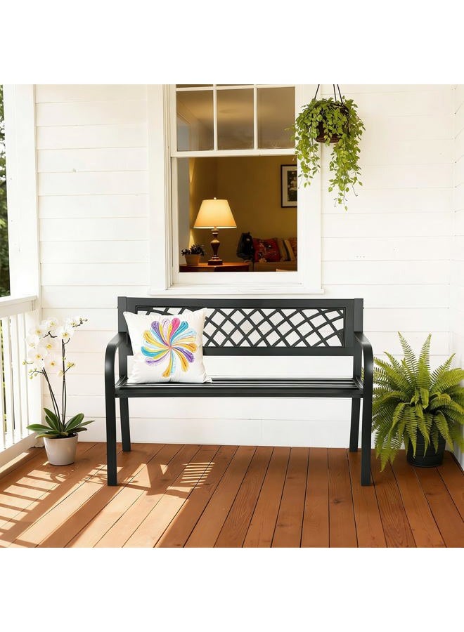 FDW Iron Steel Frame Patio Bench with Mesh Pattern and Plastic Backrest Armrests for Lawn Yard Porch Work Entryway Black - Image 2
