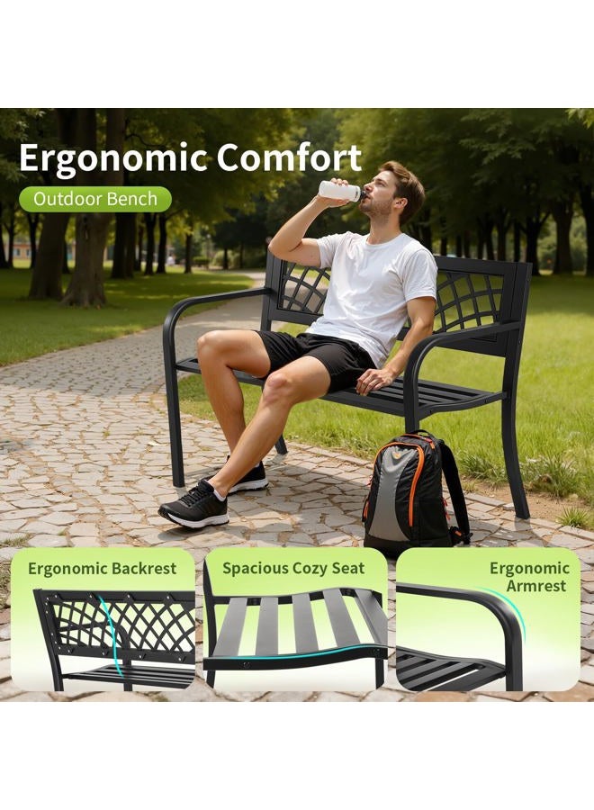 FDW Iron Steel Frame Patio Bench with Mesh Pattern and Plastic Backrest Armrests for Lawn Yard Porch Work Entryway Black - Image 5