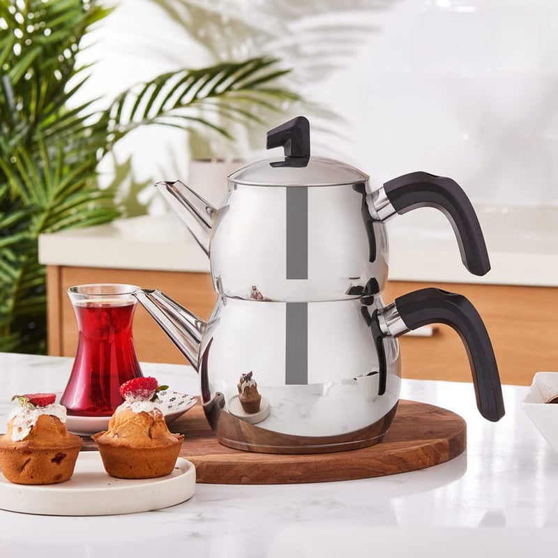 Karaca Belinay Teapot Set Silver Black, Medium Teapot, 18/10 Stainless Steel, Teapot/Lid (1 lt, 2.20 lb), Tea Kettle (1.6 lt, 3.5 lb), Suitable for Induction - Image 2