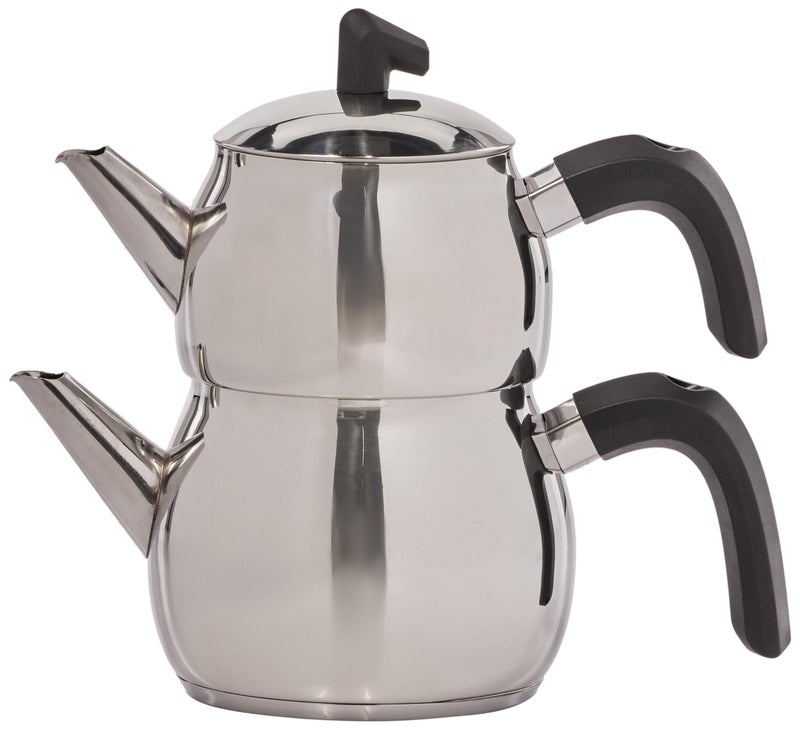 Karaca Belinay Teapot Set Silver Black, Medium Teapot, 18/10 Stainless Steel, Teapot/Lid (1 lt, 2.20 lb), Tea Kettle (1.6 lt, 3.5 lb), Suitable for Induction - Image 1