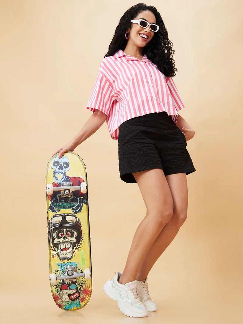 globus Globus Women Pink Striped Pure Cotton Shirt Style Crop Top