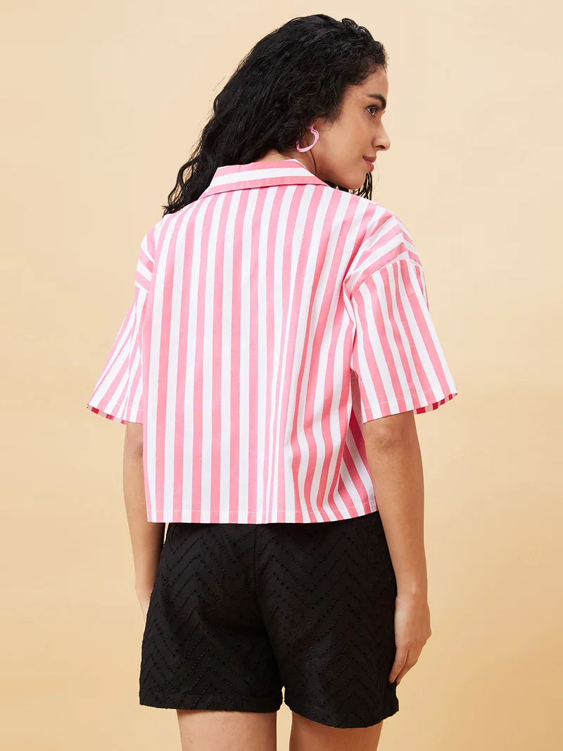 globus Globus Women Pink Striped Pure Cotton Shirt Style Crop Top