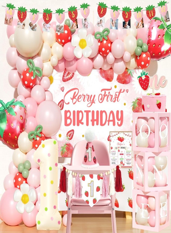 Fiesec Berry First Birthday Decor, Strawberry 1st Birthday Decorations, Berry Sweet Backdrop Balloons Banner Tablecloth Crown Poster for Girls Strawberry Themed One Year Old Party Supplies - Image 1