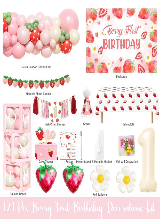 Fiesec Berry First Birthday Decor, Strawberry 1st Birthday Decorations, Berry Sweet Backdrop Balloons Banner Tablecloth Crown Poster for Girls Strawberry Themed One Year Old Party Supplies - Image 2