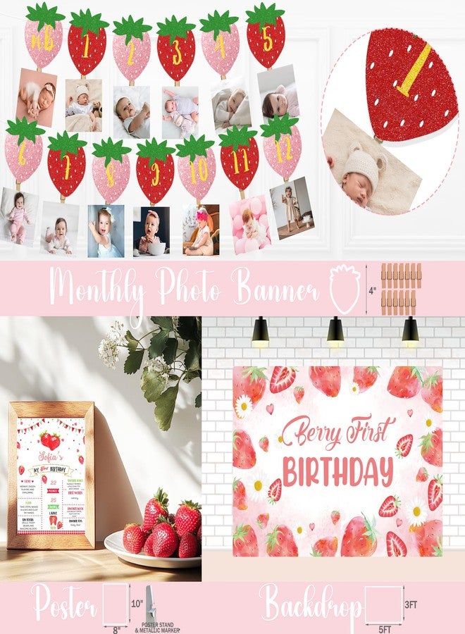 Fiesec Berry First Birthday Decor, Strawberry 1st Birthday Decorations, Berry Sweet Backdrop Balloons Banner Tablecloth Crown Poster for Girls Strawberry Themed One Year Old Party Supplies - Image 5