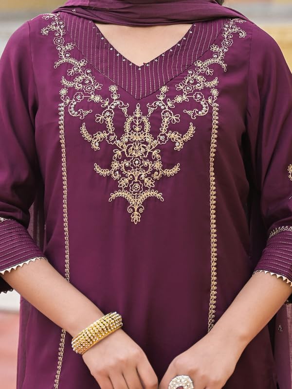 SHIFORY Wine Straight V-Neck 3/4 Sleeve 3-Piece Set, Embroidered Kurti, Pant & Dupatta for Ceremony, Roman Silk, Machine Washable, Perfect for Weddings & Festive Celebrations - Image 2