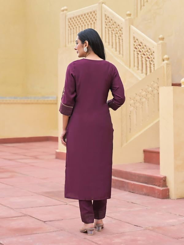 SHIFORY Wine Straight V-Neck 3/4 Sleeve 3-Piece Set, Embroidered Kurti, Pant & Dupatta for Ceremony, Roman Silk, Machine Washable, Perfect for Weddings & Festive Celebrations - Image 3