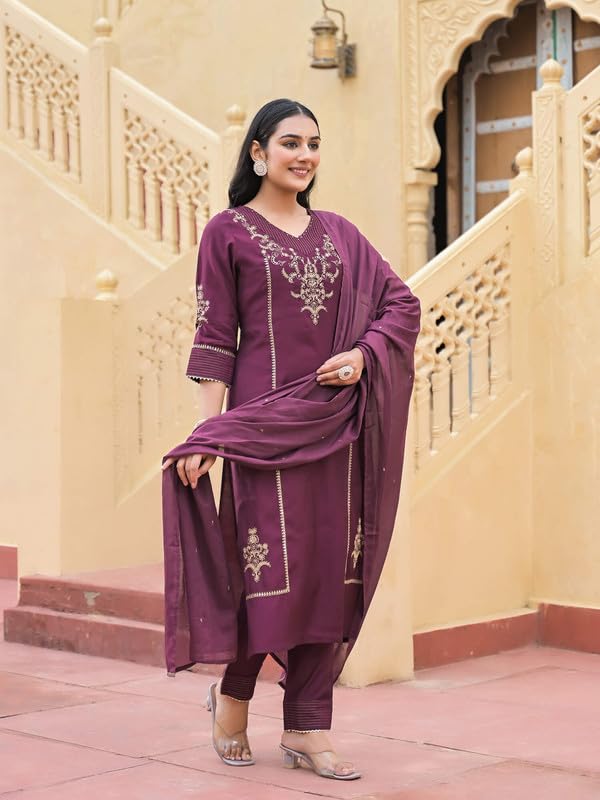SHIFORY Wine Straight V-Neck 3/4 Sleeve 3-Piece Set, Embroidered Kurti, Pant & Dupatta for Ceremony, Roman Silk, Machine Washable, Perfect for Weddings & Festive Celebrations - Image 5