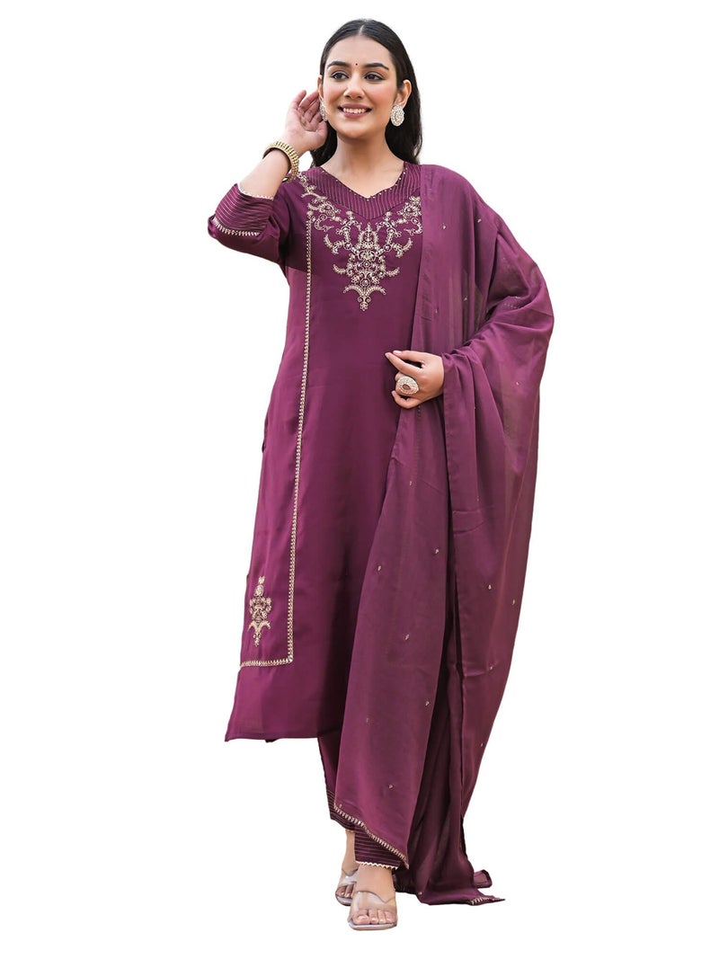 SHIFORY Wine Straight V-Neck 3/4 Sleeve 3-Piece Set, Embroidered Kurti, Pant & Dupatta for Ceremony, Roman Silk, Machine Washable, Perfect for Weddings & Festive Celebrations - Image 1