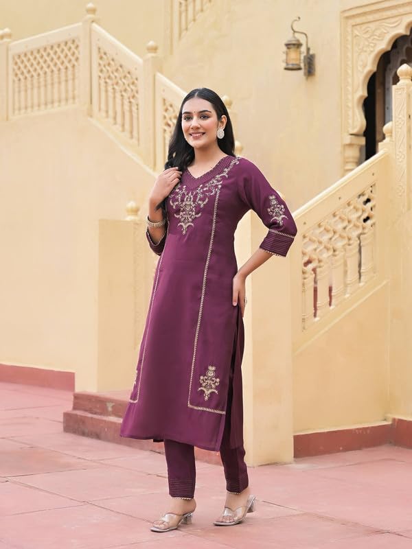 SHIFORY Wine Straight V-Neck 3/4 Sleeve 3-Piece Set, Embroidered Kurti, Pant & Dupatta for Ceremony, Roman Silk, Machine Washable, Perfect for Weddings & Festive Celebrations - Image 4