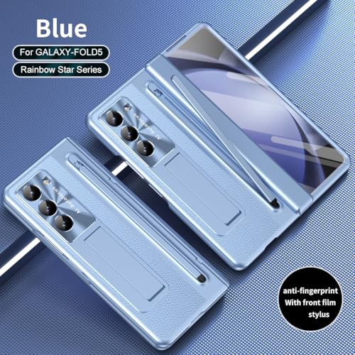 NINKI for Samsung Galaxy Z Fold 5 Case with S Pen & S Pen Holder, Kickstand & Front Screen Protector Hinge Electroplating Leather Phone Cover for Z Fold 5 Case with Stand and Stylus – Blue - Image 4