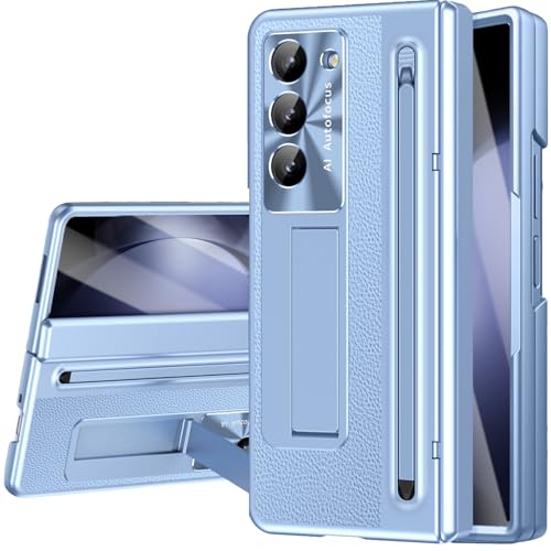 NINKI for Samsung Galaxy Z Fold 5 Case with S Pen & S Pen Holder, Kickstand & Front Screen Protector Hinge Electroplating Leather Phone Cover for Z Fold 5 Case with Stand and Stylus – Blue - Image 1