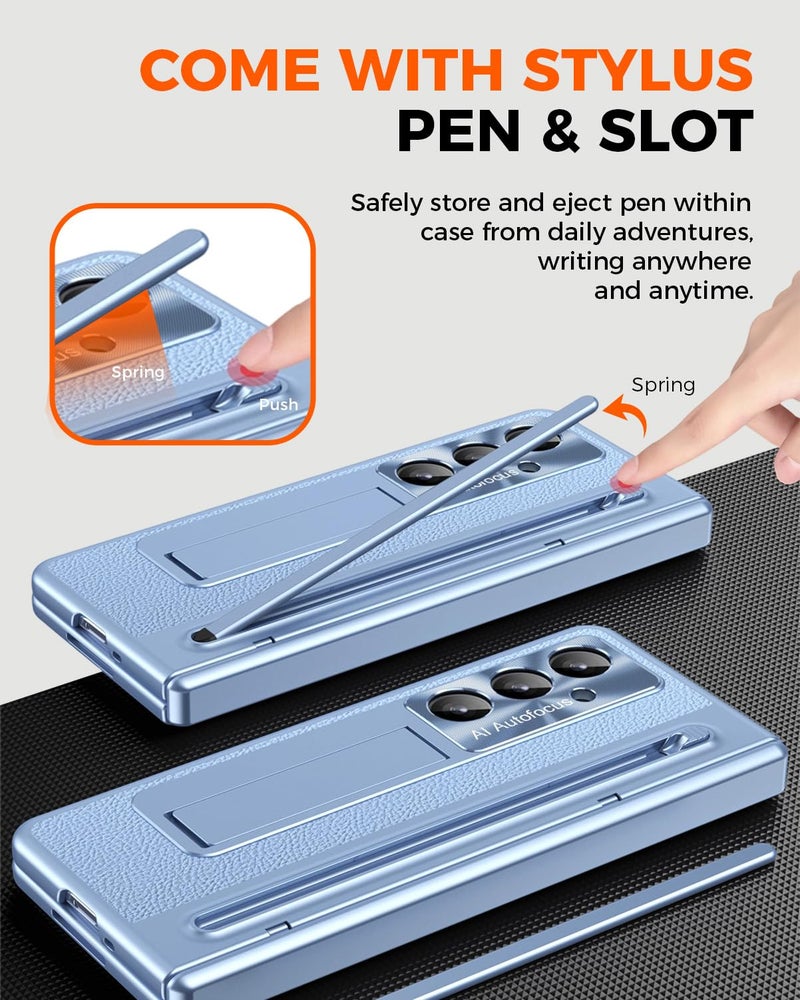 NINKI for Samsung Galaxy Z Fold 5 Case with S Pen & S Pen Holder, Kickstand & Front Screen Protector Hinge Electroplating Leather Phone Cover for Z Fold 5 Case with Stand and Stylus – Blue - Image 2