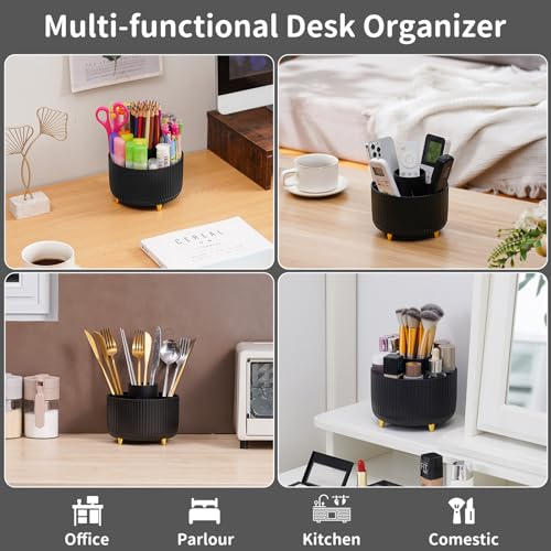 Marbrasse Desk Organizer, 360-Degree Rotating Pen Holder, Desk Organizers and Accessories with 5 Compartments Pencil Holder, Art Supply Storage Box Caddy for Office, Home (Black) - Image 2