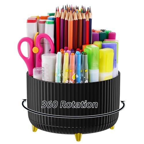 Marbrasse Desk Organizer, 360-Degree Rotating Pen Holder, Desk Organizers and Accessories with 5 Compartments Pencil Holder, Art Supply Storage Box Caddy for Office, Home (Black) - Image 1