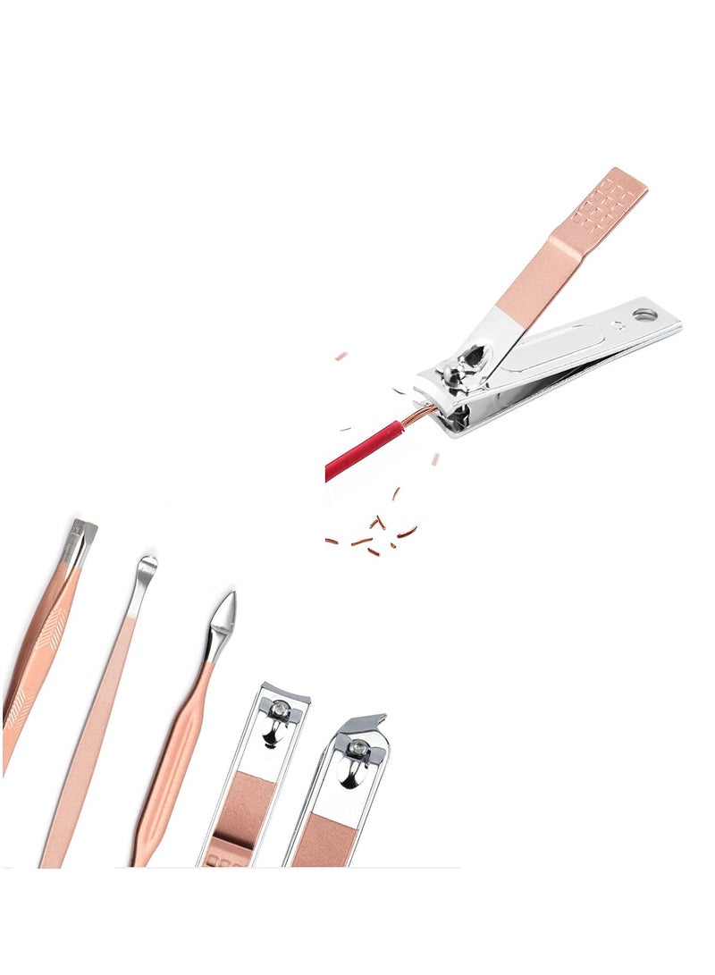 Portable Nail Clipper Set with 9 Stainless Steel Grooming Tools, Complete Nail Care Kit in a Leather Bag for Home, Travel, and Beauty Salon (Rose Gold) - Image 4