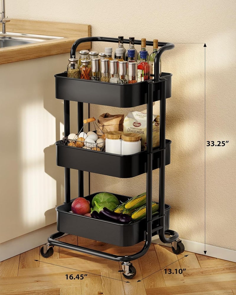 Pipishell 3 Tier Mesh Utility Cart, Rolling Metal Organization Cart with Handle and Lockable Wheels, Multifunctional Storage Shelves for Kitchen Living Room Office Black - Image 3