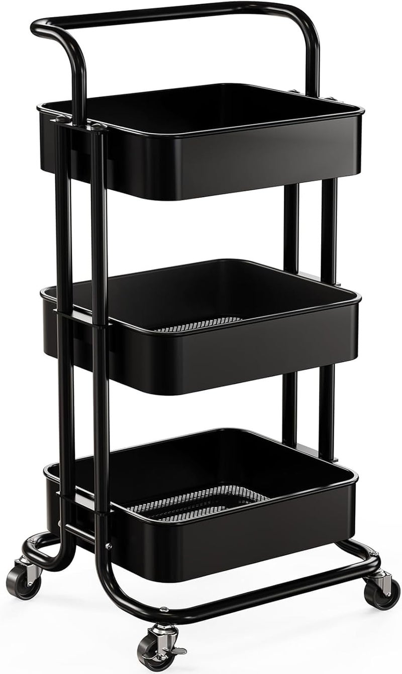 Pipishell 3 Tier Mesh Utility Cart, Rolling Metal Organization Cart with Handle and Lockable Wheels, Multifunctional Storage Shelves for Kitchen Living Room Office Black - Image 1