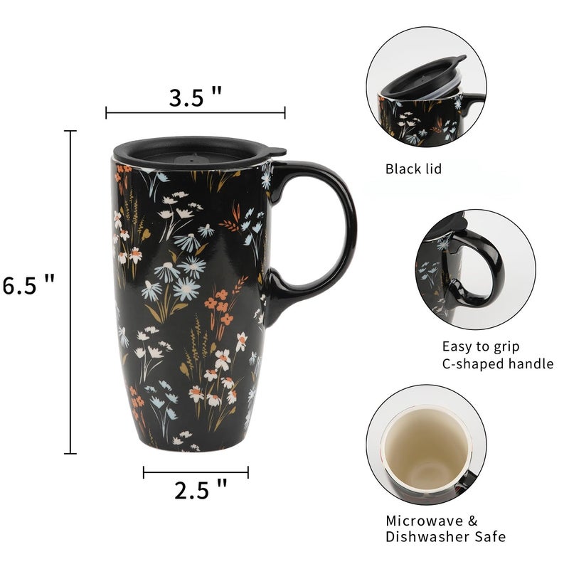 Topadorn Ceramic Coffee Mug Travel Cup Gift with Lid 17oz., Porcelain Tall Tea Cup with Handle for Home & Office, Black Flowers Art Pattern Mug in Gift Box, 6.5''H - Image 2