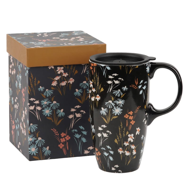Topadorn Ceramic Coffee Mug Travel Cup Gift with Lid 17oz., Porcelain Tall Tea Cup with Handle for Home & Office, Black Flowers Art Pattern Mug in Gift Box, 6.5''H - Image 1