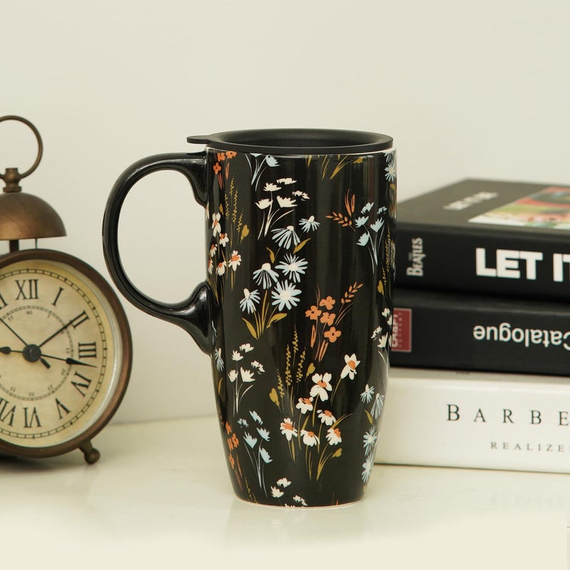 Topadorn Ceramic Coffee Mug Travel Cup Gift with Lid 17oz., Porcelain Tall Tea Cup with Handle for Home & Office, Black Flowers Art Pattern Mug in Gift Box, 6.5''H - Image 5