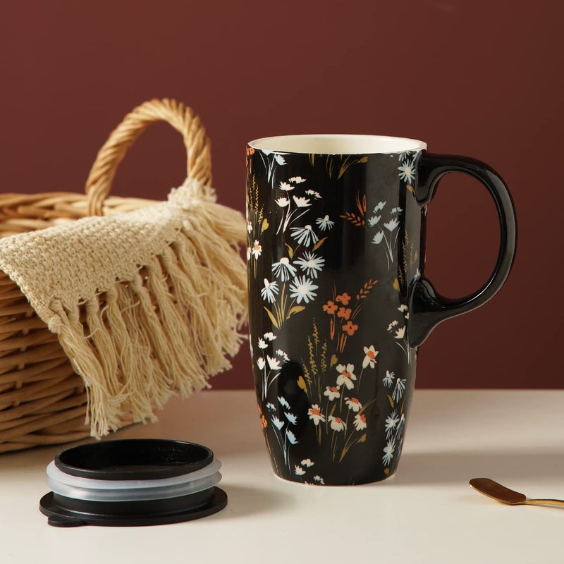 Topadorn Ceramic Coffee Mug Travel Cup Gift with Lid 17oz., Porcelain Tall Tea Cup with Handle for Home & Office, Black Flowers Art Pattern Mug in Gift Box, 6.5''H - Image 3