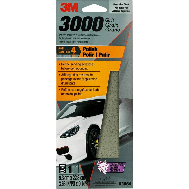 3M Performance 3000 Grit Sandpaper, 3-2/3 in x 9 in, Polish Clear Coat and Paint, Restore Shine, Ideal for Detailed Finishing and Polishing, Very Fine Grade Abrasive for Refined Finishes (03064) - Image 1