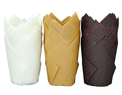 QLSmypkg Large Greaseproof paper Wrappers Muffin Baking cupcake cups liners 214 x 4 NaturalBrownWhite 3 colours in a box Tulip Baking Cups Holders 125 pcs Large 125 Multi 3