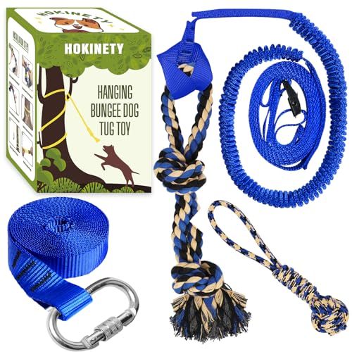 HOKINETY Dog Hanging Bungee Tug Toy Interactive Tether TugofWar for Pitbull Small to Large Dogs to Exercise and Training Equipment Outdoor Tree Tugger Dog Rope Toy with 2 Chew Rope Toys Blue - Image 1