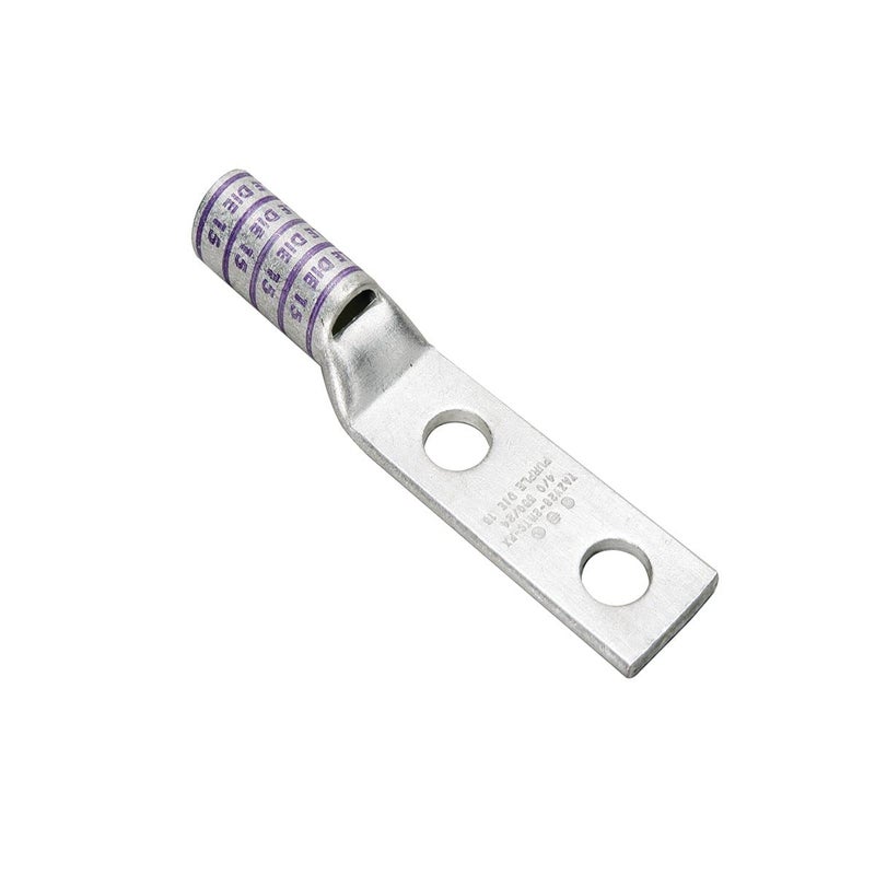 YAZ25-2N Two Hole Hylug Code Conductor Long Barrel Copper Compression Terminal with Inspection Window, 1/0 AWG Conductor, 1/2" Stud Hole Size, 1-3/4" Stud Hole Spacing, 0.83" Tongue Width, 4.79" Length, Pink
