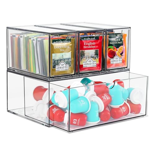 LANLISA 4 Tea and Coffee Organizer and Storage Acrylic Tea Bag Holder Organizer Plastic K Cup Drawer Container for Cabinet - Image 1
